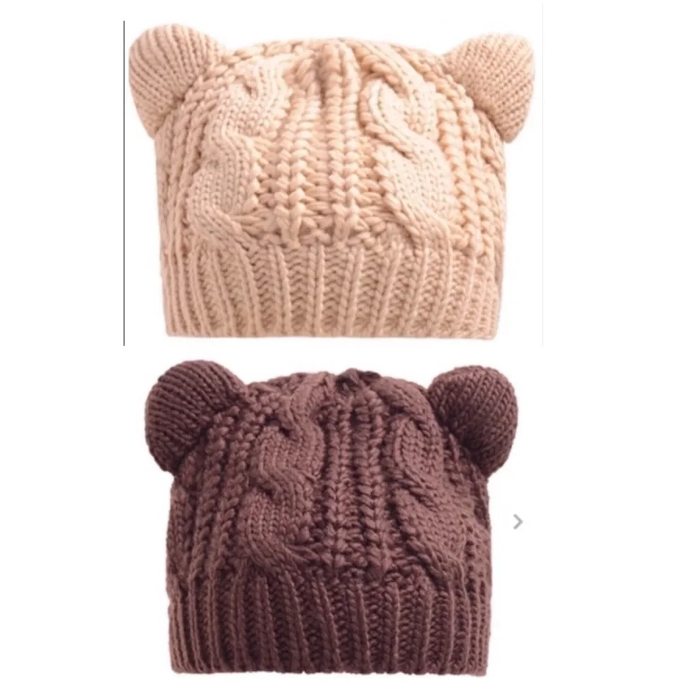 Cat Ears Hand Knit Cable Wool Beanie Hats l Kitty Ear women’s Red Hat